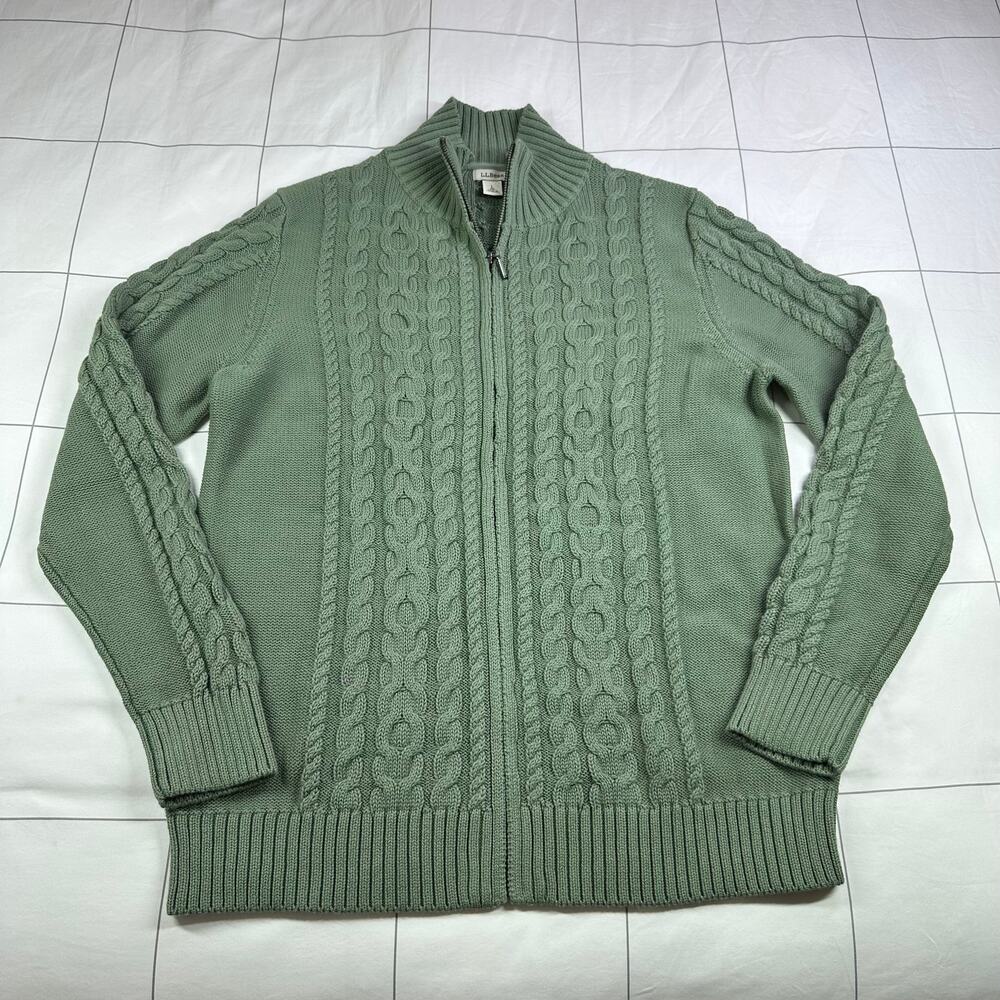 L.L. Bean Sweater Womens Large Green Double L Cable Knit Full Zip Cotton Classic